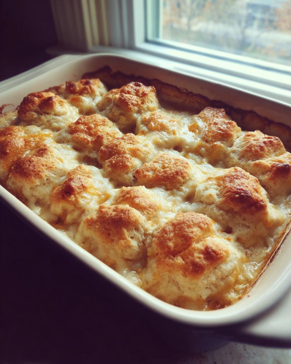 Freshly baked Chicken & Biscuit Dinner Cobbler in a casserole dish, golden brown biscuits on top.