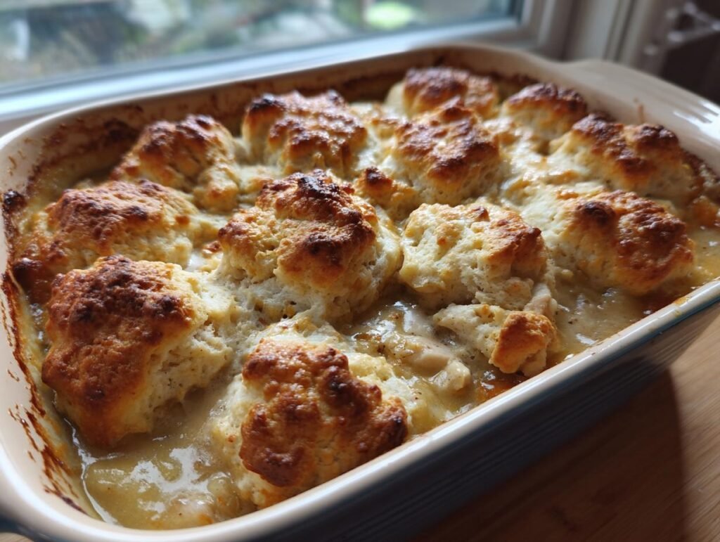 Baked Chicken & Biscuit Dinner Cobbler in a casserole dish, featuring golden brown biscuits on top of a creamy chicken filling.