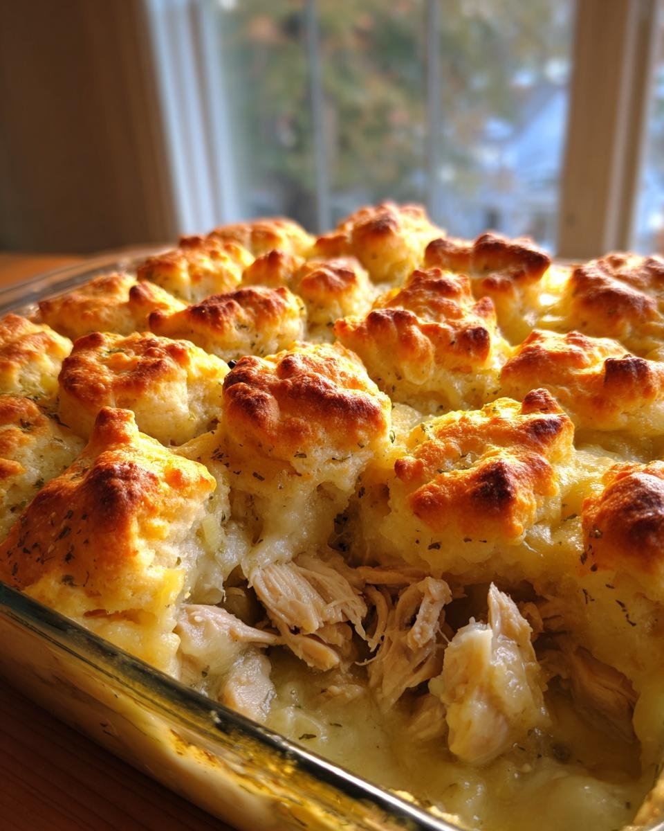 Close-up of Chicken & Biscuit Dinner Cobbler in a glass baking dish, showing flaky biscuits and chicken filling.