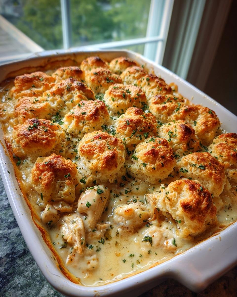 Freshly baked Chicken & Biscuit Dinner Cobbler in a white baking dish, topped with golden biscuits and parsley.