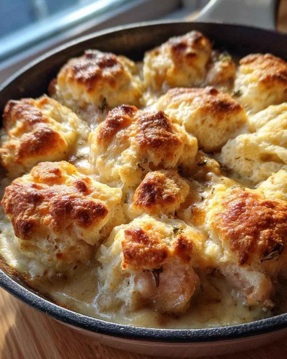 Close up of Chicken & Biscuit Dinner Cobbler in a skillet, showing golden brown biscuits and creamy chicken filling.