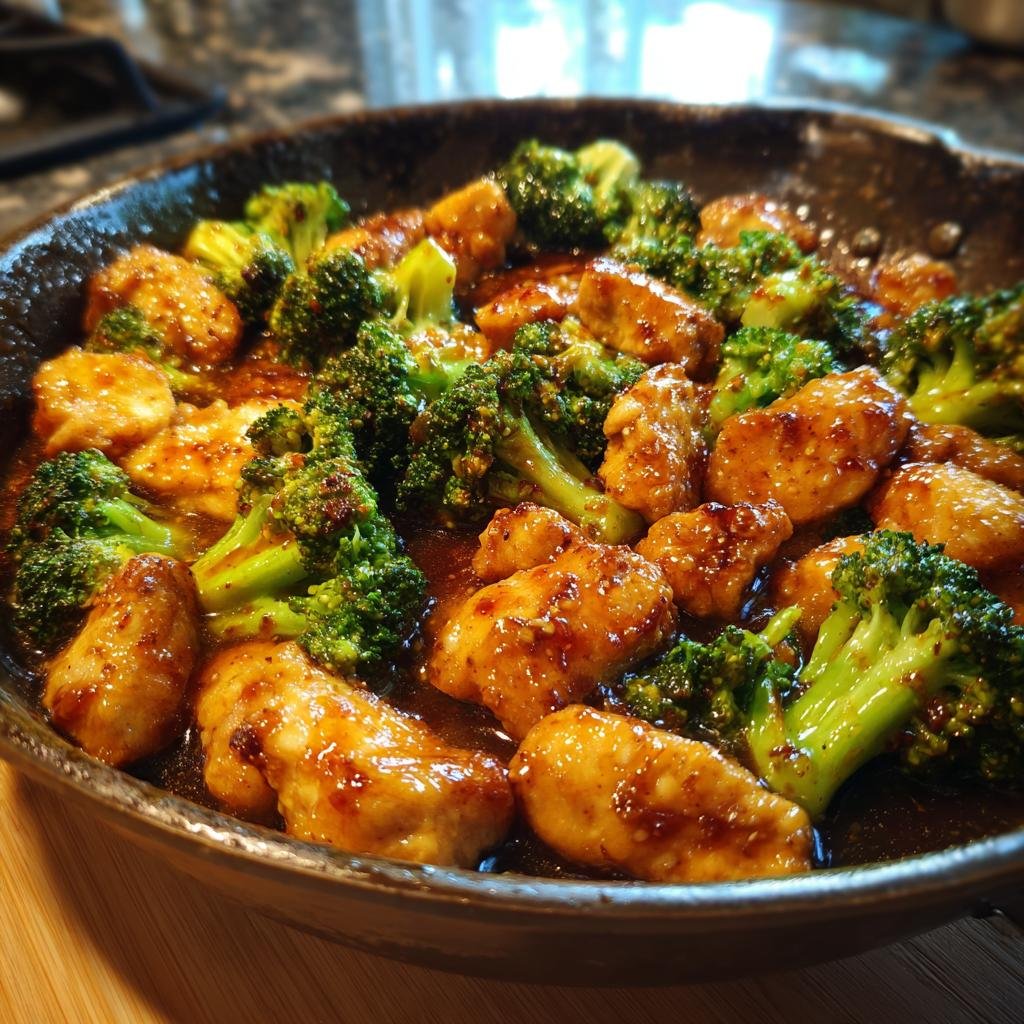 Close-up of a Chicken Broccoli Skillet with glazed chicken and fresh broccoli florets.