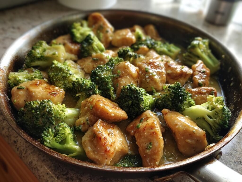 A close-up of Chicken Broccoli Skillet with juicy chicken pieces and fresh broccoli florets.