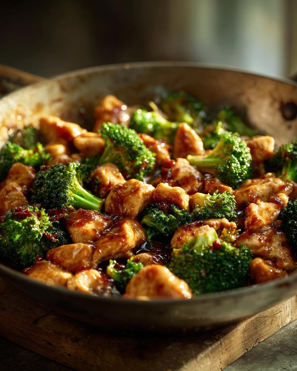 Close-up of a Chicken Broccoli Skillet with tender chicken and fresh broccoli in a savory sauce.