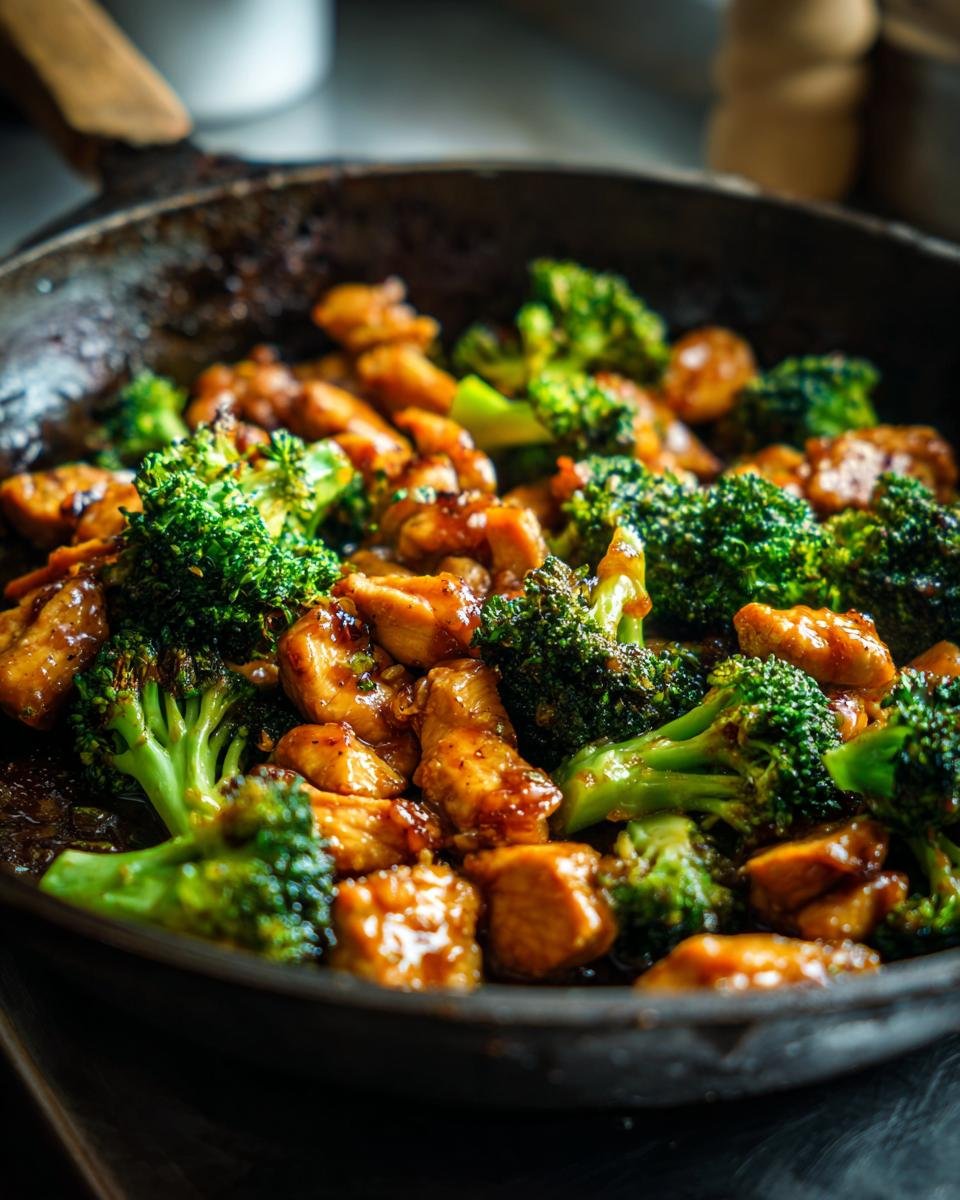 Close-up of a Chicken Broccoli Skillet with juicy chicken and fresh broccoli.