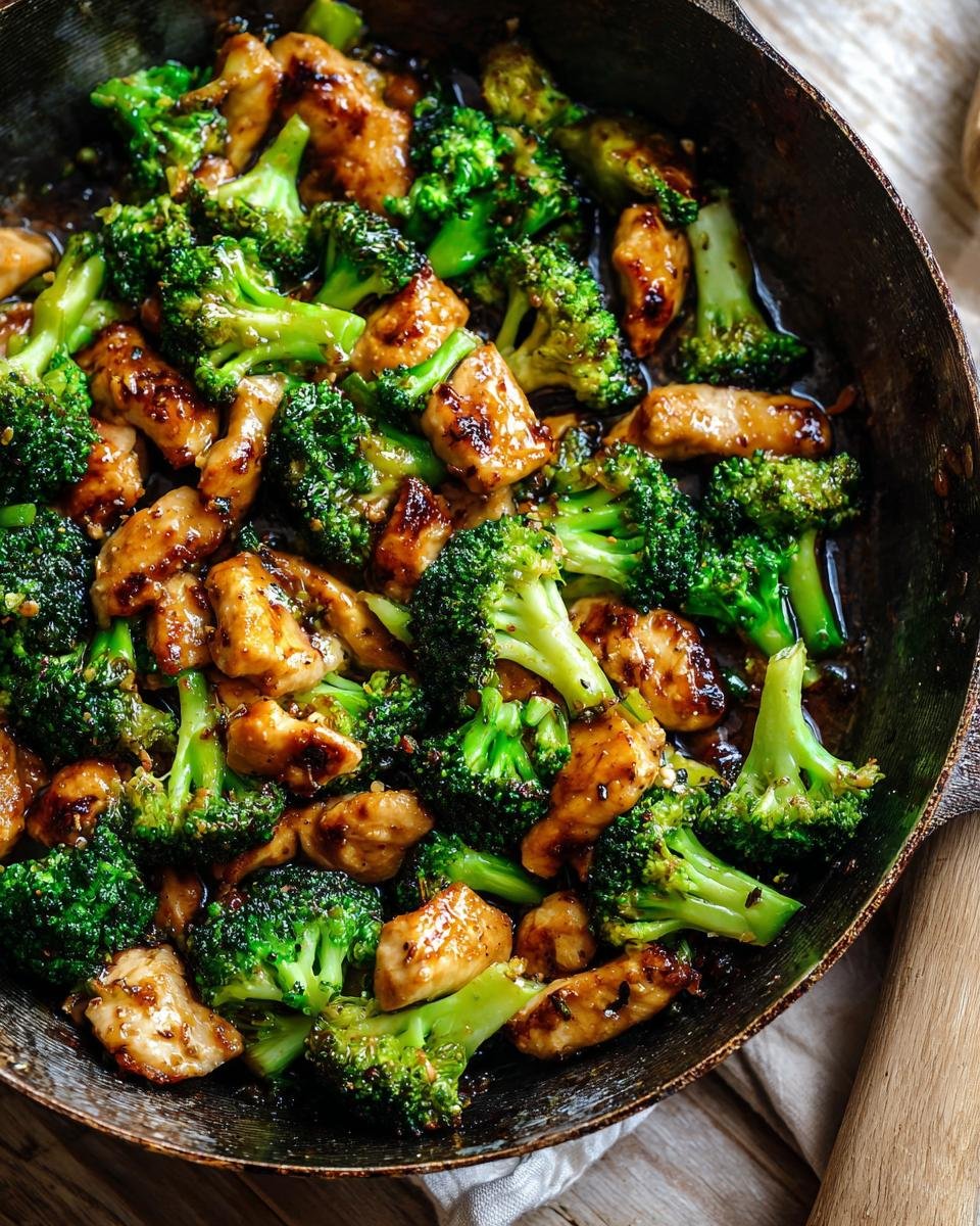 A close-up of a Chicken Broccoli Skillet, featuring tender chicken and vibrant green broccoli in a savory sauce.