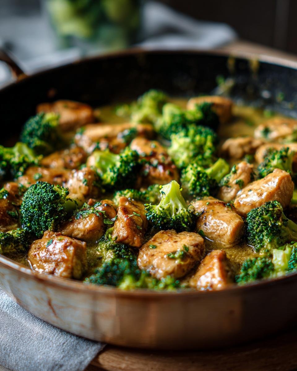 A delicious Chicken Broccoli Skillet with tender chicken and fresh broccoli in a savory sauce.