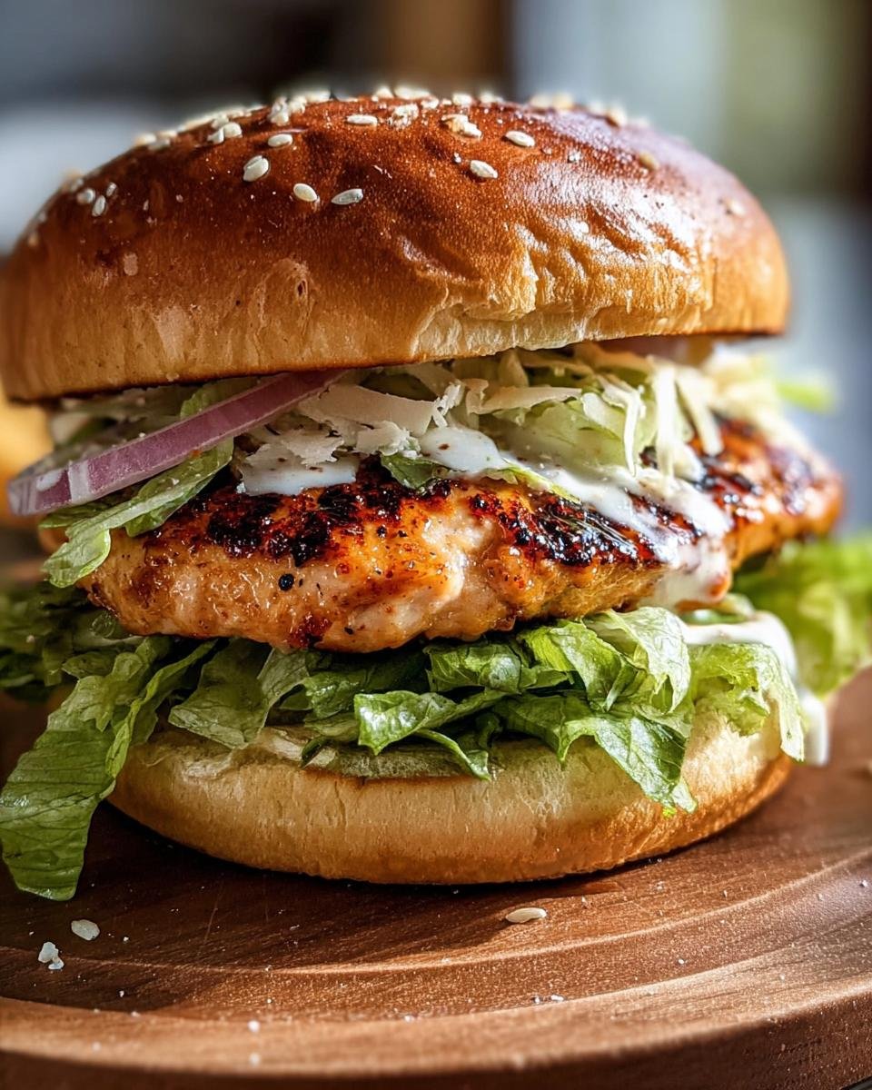 A close-up of a Chicken Caesar Burger with grilled chicken, lettuce, red onion, and Caesar dressing on a sesame seed bun.