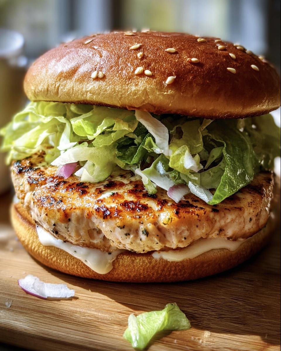 A delicious Chicken Caesar Burger featuring a grilled chicken patty, lettuce, and creamy sauce on a sesame seed bun.
