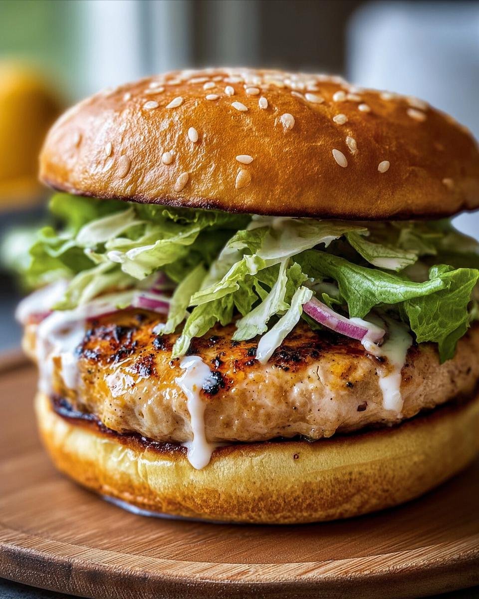 A juicy Chicken Caesar Burger with lettuce, red onion, and creamy sauce on a sesame seed bun, served on a wooden board.