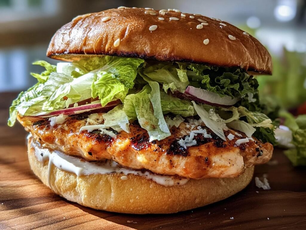 A juicy Chicken Caesar Burger with grilled chicken, fresh lettuce, red onion, and creamy Caesar dressing on a brioche bun.