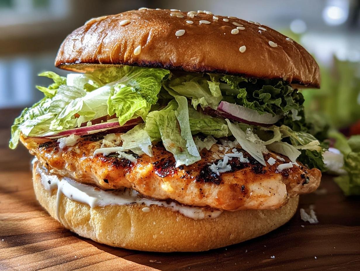 A juicy Chicken Caesar Burger with grilled chicken, fresh lettuce, red onion, and creamy Caesar dressing on a brioche bun.