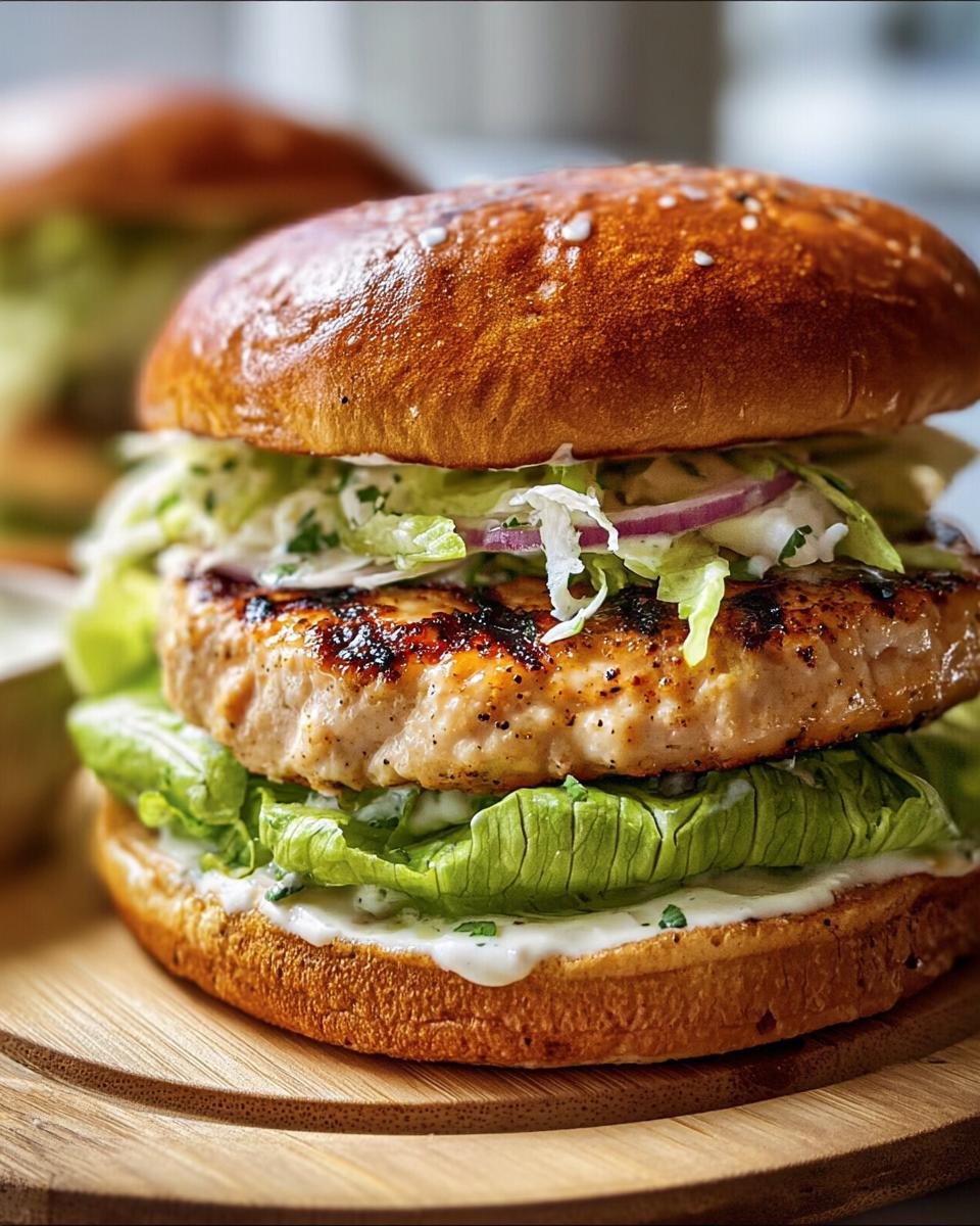 A juicy Chicken Caesar Burger with lettuce, chicken patty, and sauce, presented on a wooden board.