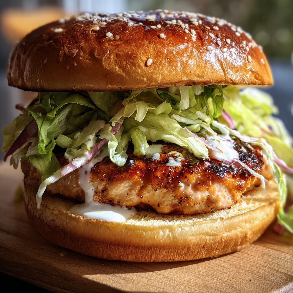 Close-up of a delicious Chicken Caesar Burger with a sesame seed bun, lettuce, red onion, and creamy Caesar dressing.