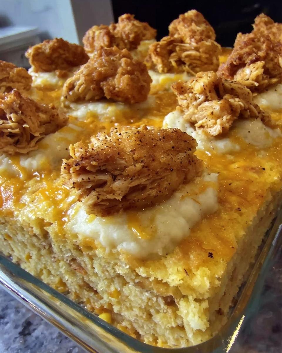 Close-up of Chicken, Cornbread and Mashed Potato bake in a glass dish.