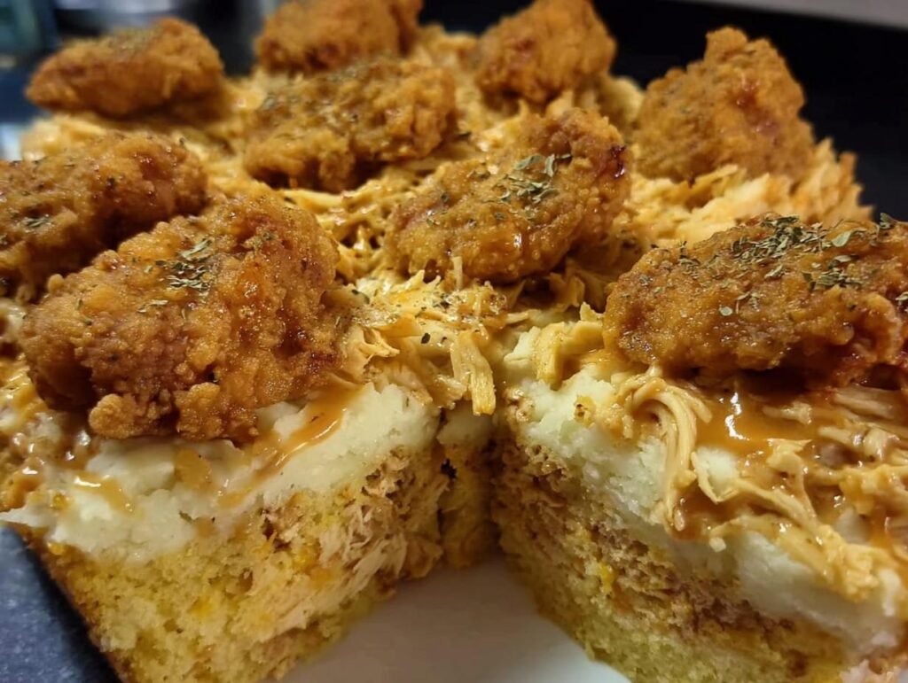 A slice of Chicken, Cornbread and Mashed Potato dinner, showing layers of cornbread, chicken, mashed potatoes, and fried chicken.
