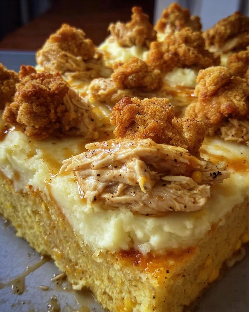 A slice of Chicken, Cornbread and Mashed Potato dinner featuring layers of cornbread, mashed potatoes, chicken, and fried chicken.