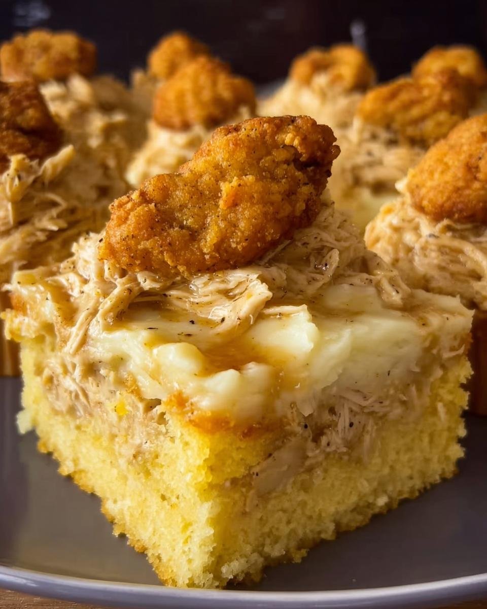Close-up of a slice of Chicken, Cornbread and Mashed Potato dinner, layered and topped with fried chicken.
