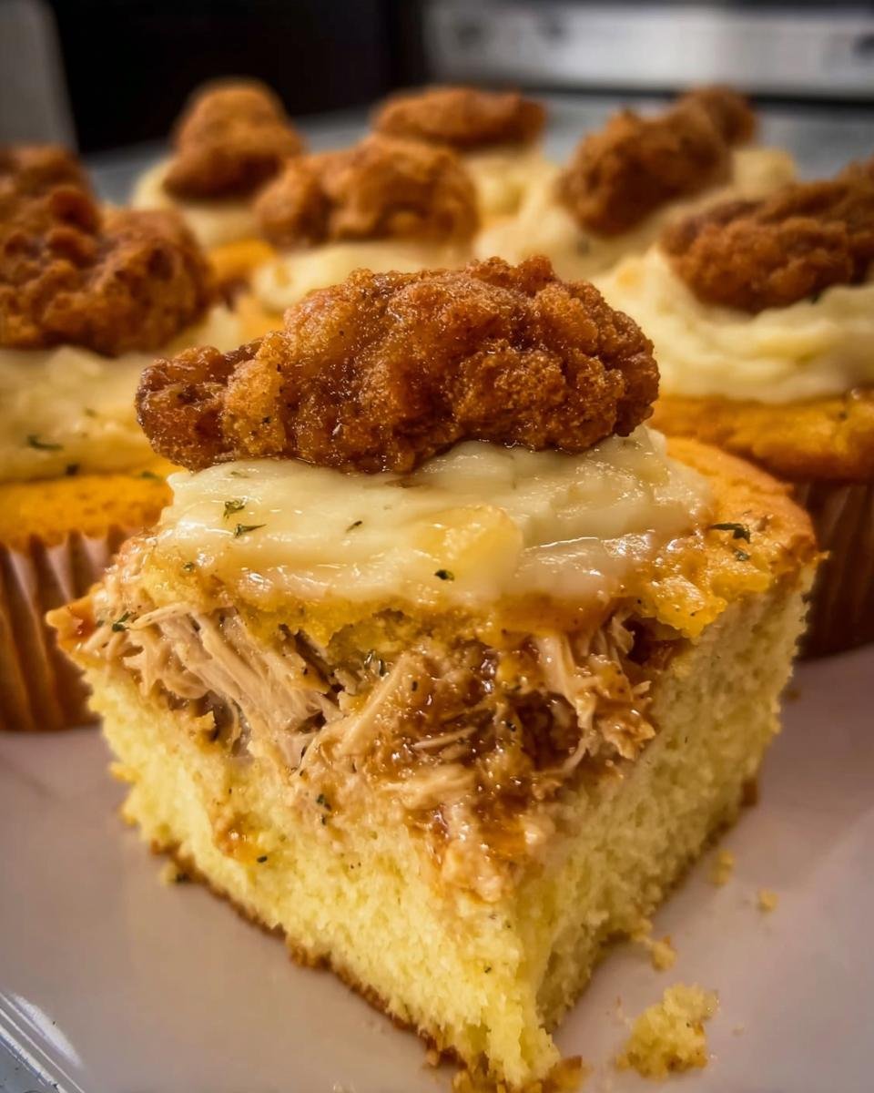 A slice of Chicken, Cornbread and Mashed Potato dinner, showcasing layers of cornbread, chicken, and mashed potato.