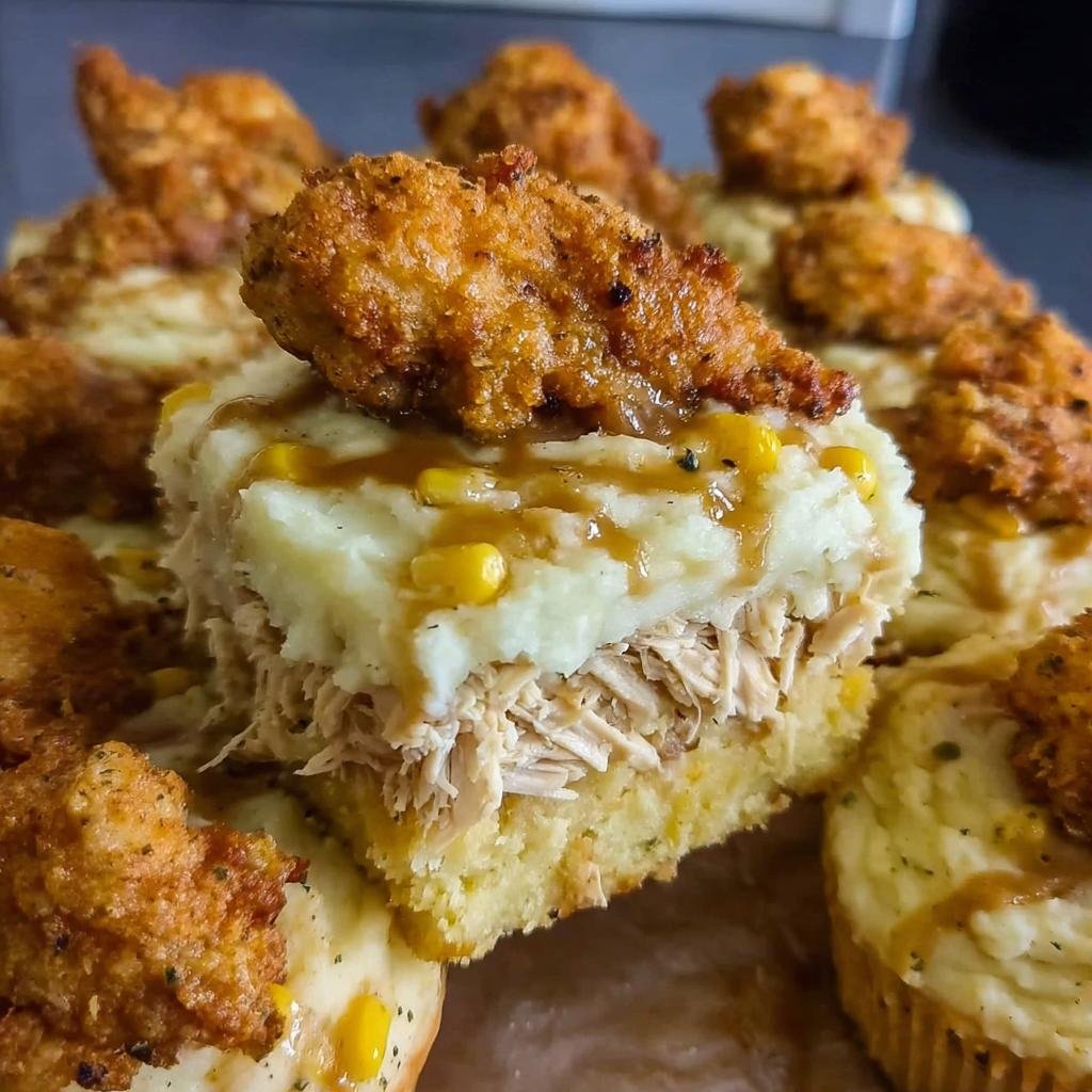 Close-up of Chicken, Cornbread and Mashed Potato dinner with gravy and corn.