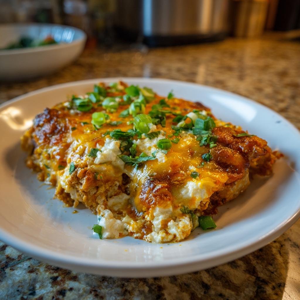 A serving of Chicken Cottage Cheese Enchilada on a white plate, garnished with green onions and cilantro.