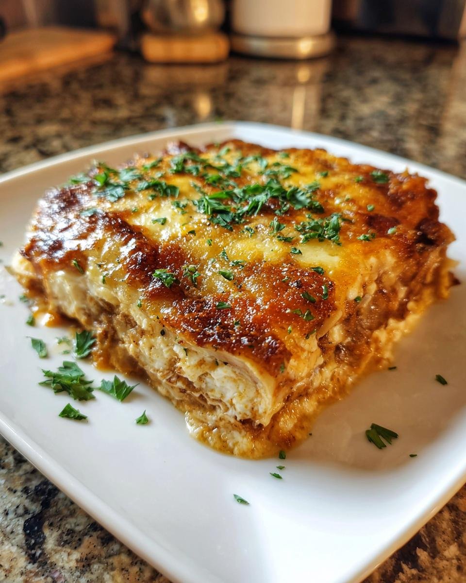 A slice of Chicken Cottage Cheese Enchilada on a white plate, garnished with fresh parsley.