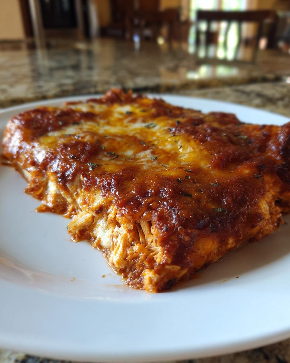 A delicious slice of Chicken Cottage Cheese Enchilada with melted cheese and sauce on a white plate.