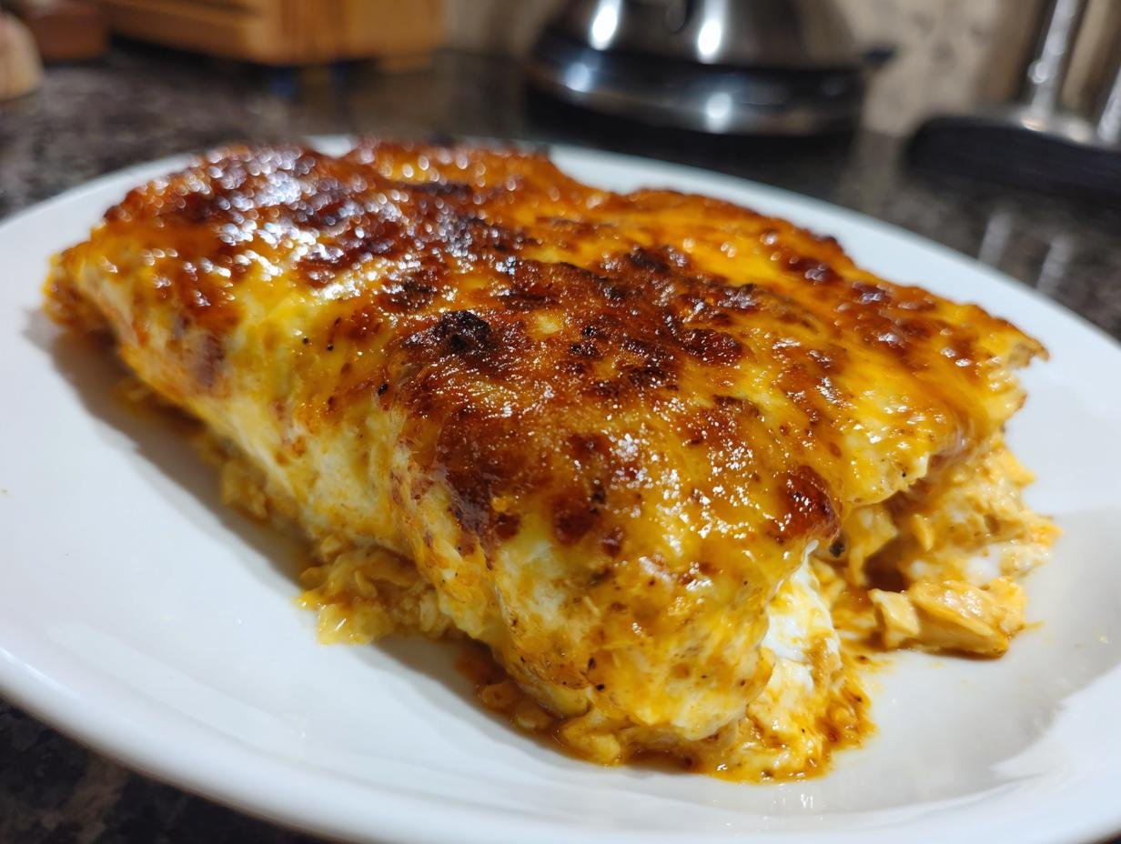 A single Chicken Cottage Cheese Enchilada on a white plate, showcasing its cheesy, golden-brown top.
