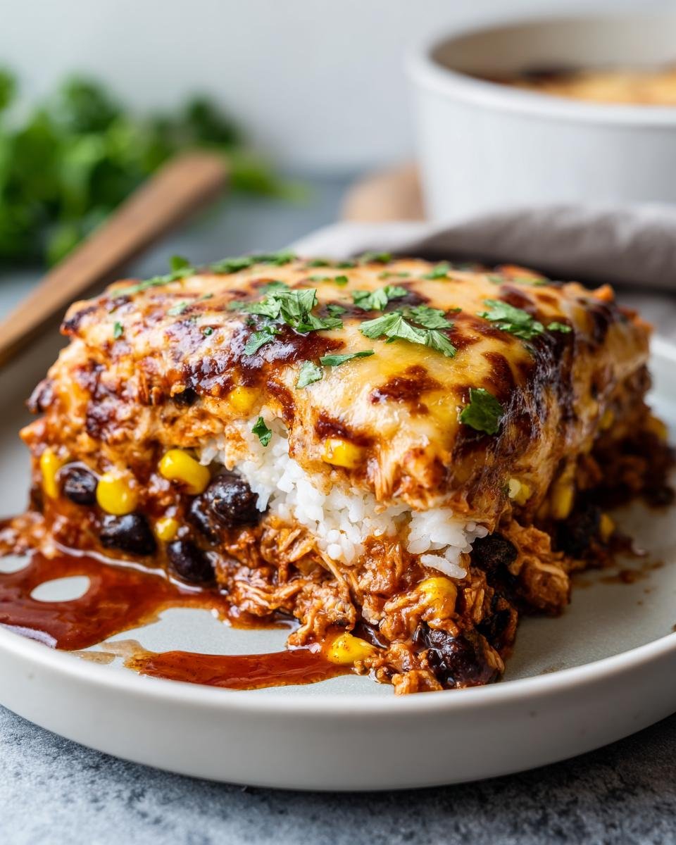 A layered Chicken Enchilada Bowl slice with chicken, rice, beans, corn, cheese, and enchilada sauce.