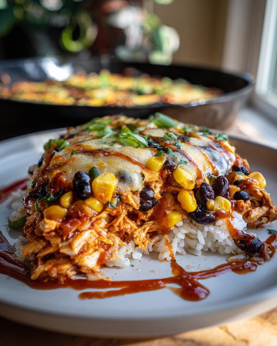 Close-up of a Chicken Enchilada Bowl with rice, chicken, black beans, corn, cheese, and enchilada sauce.