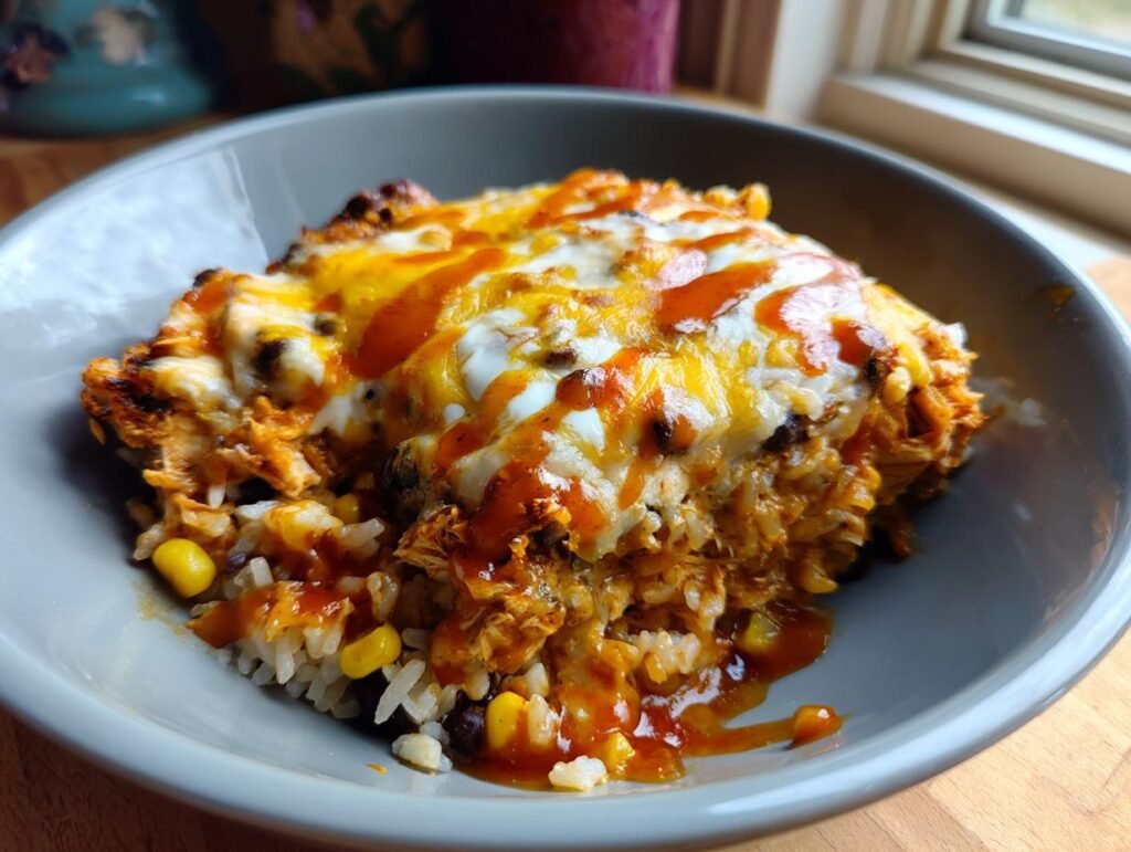 A single serving of Chicken Enchilada Bowls with rice, corn, black beans, chicken, cheese, and enchilada sauce.