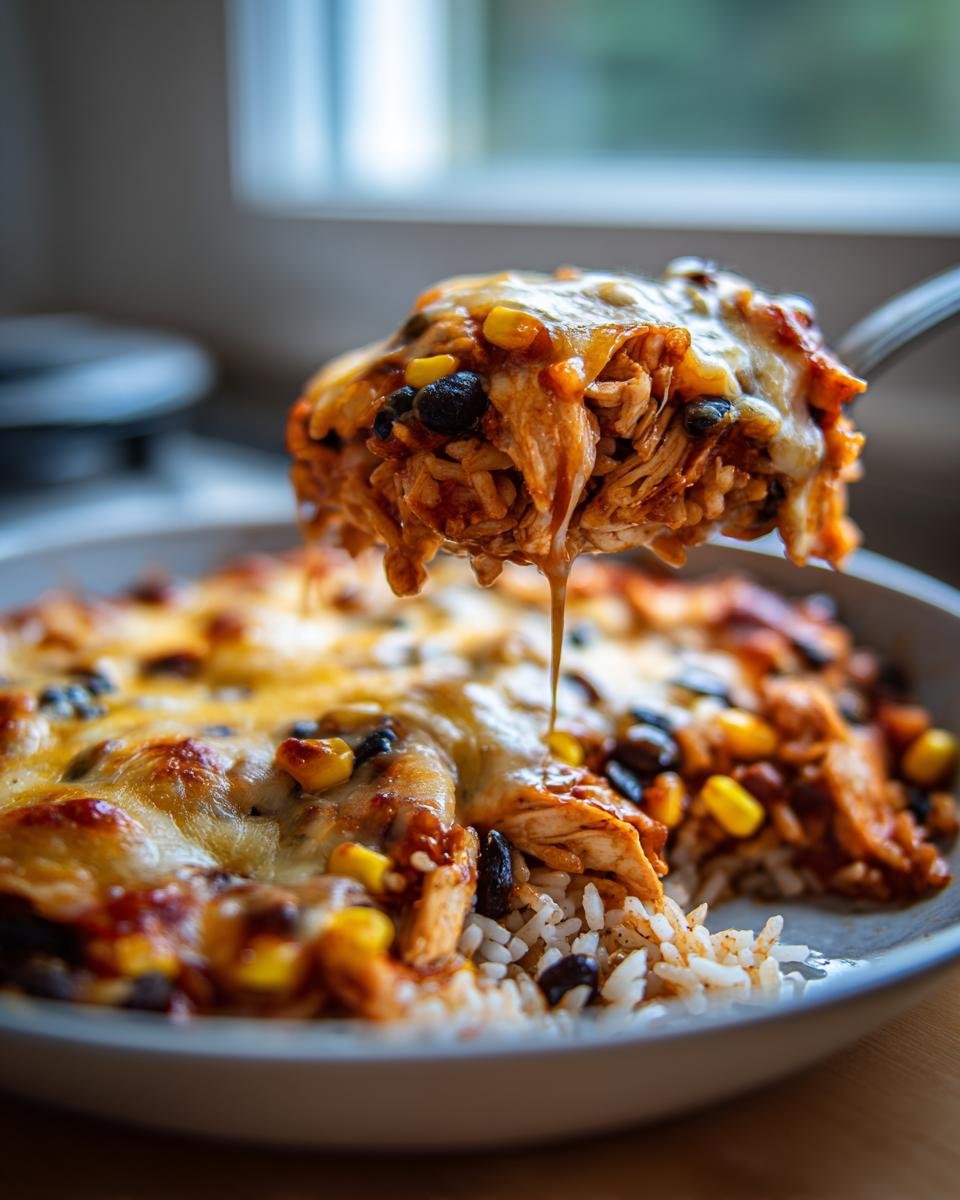 Spoonful of cheesy Chicken Enchilada Bowls with chicken, rice, black beans, and corn.
