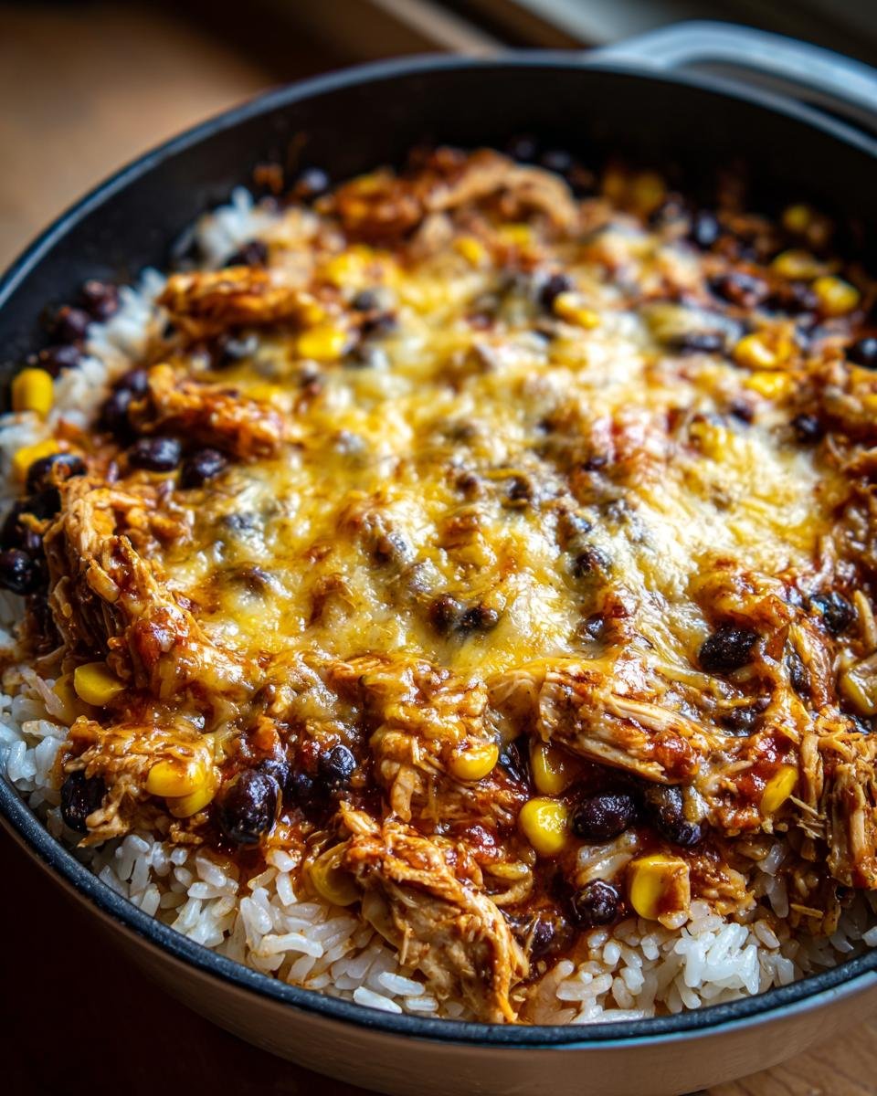 Overhead shot of Chicken Enchilada Bowls in a skillet, topped with melted cheese, corn, and black beans.