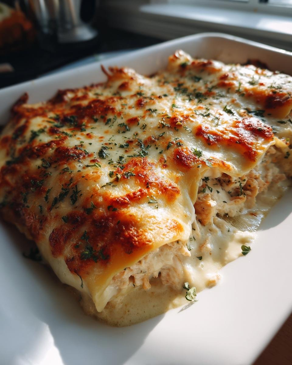 Close-up of Chicken Manicotti Alfredo in a baking dish, topped with melted cheese and herbs.