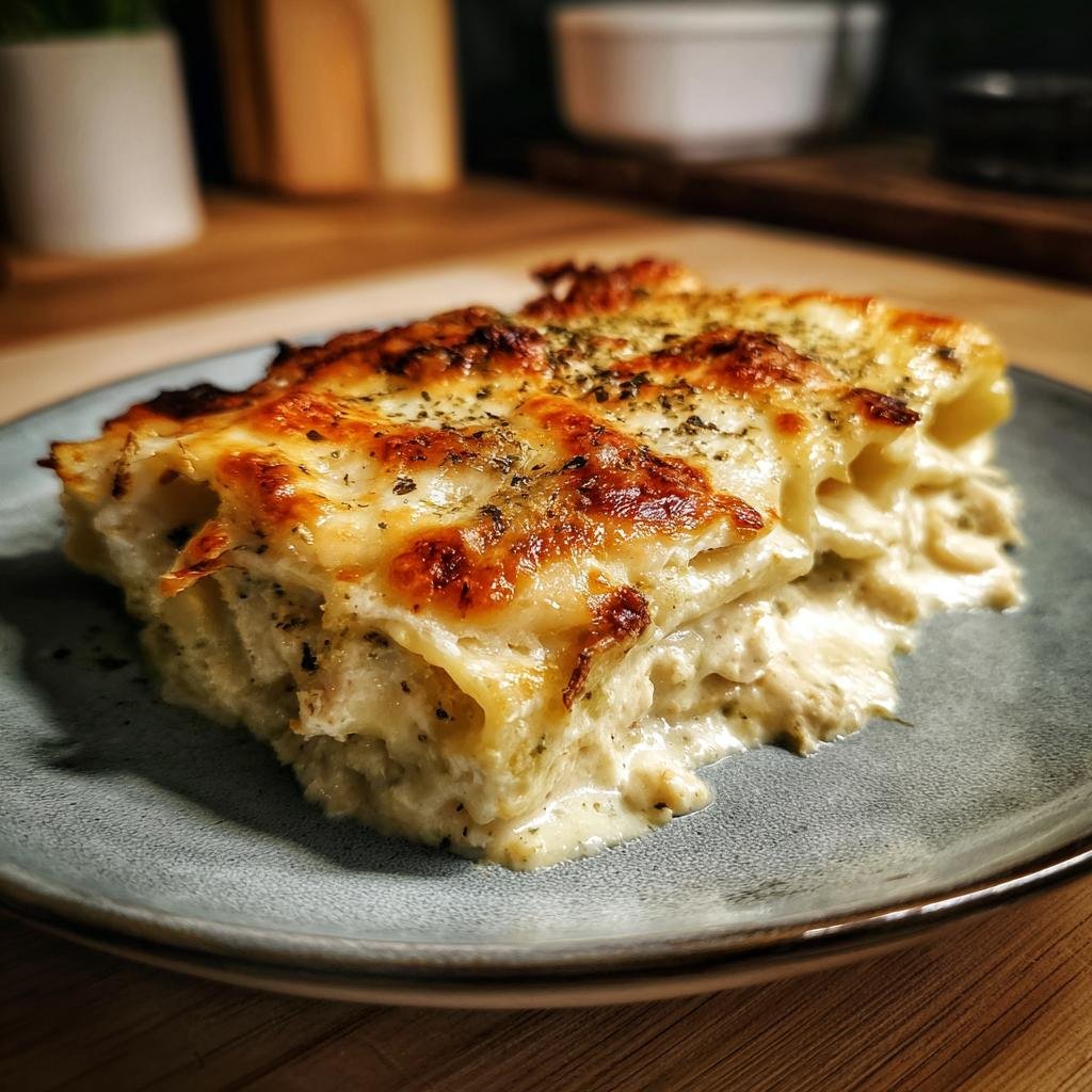 A slice of creamy Chicken Manicotti Alfredo on a plate, topped with melted cheese and herbs.