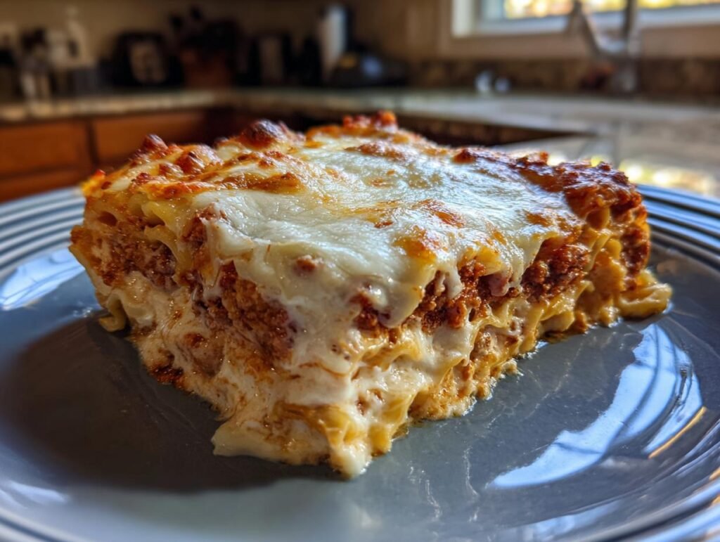 A slice of Chicken Manicotti Alfredo on a plate, showcasing layers of pasta, chicken, and creamy alfredo sauce.