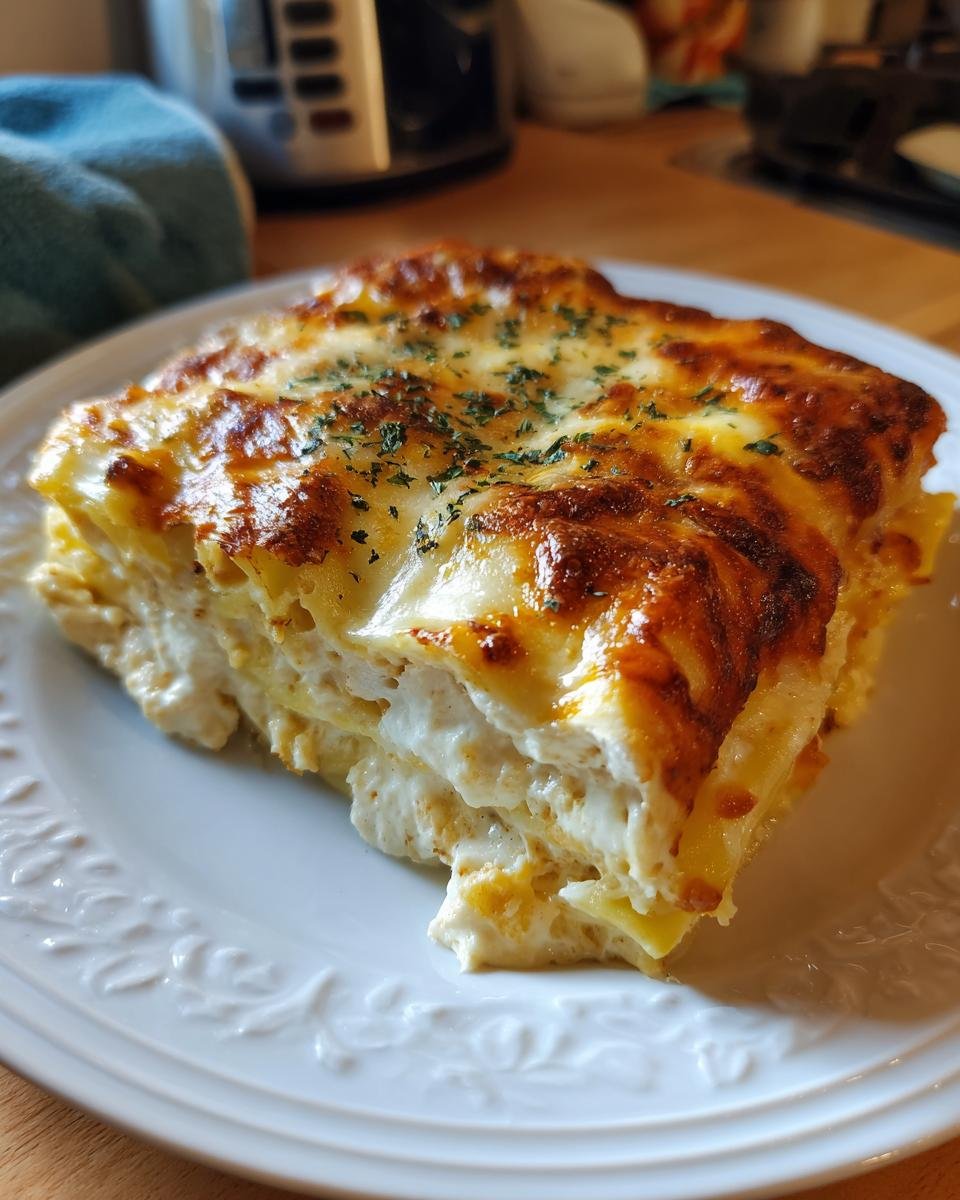 A delicious slice of Chicken Manicotti Alfredo with a creamy sauce and golden-brown topping.