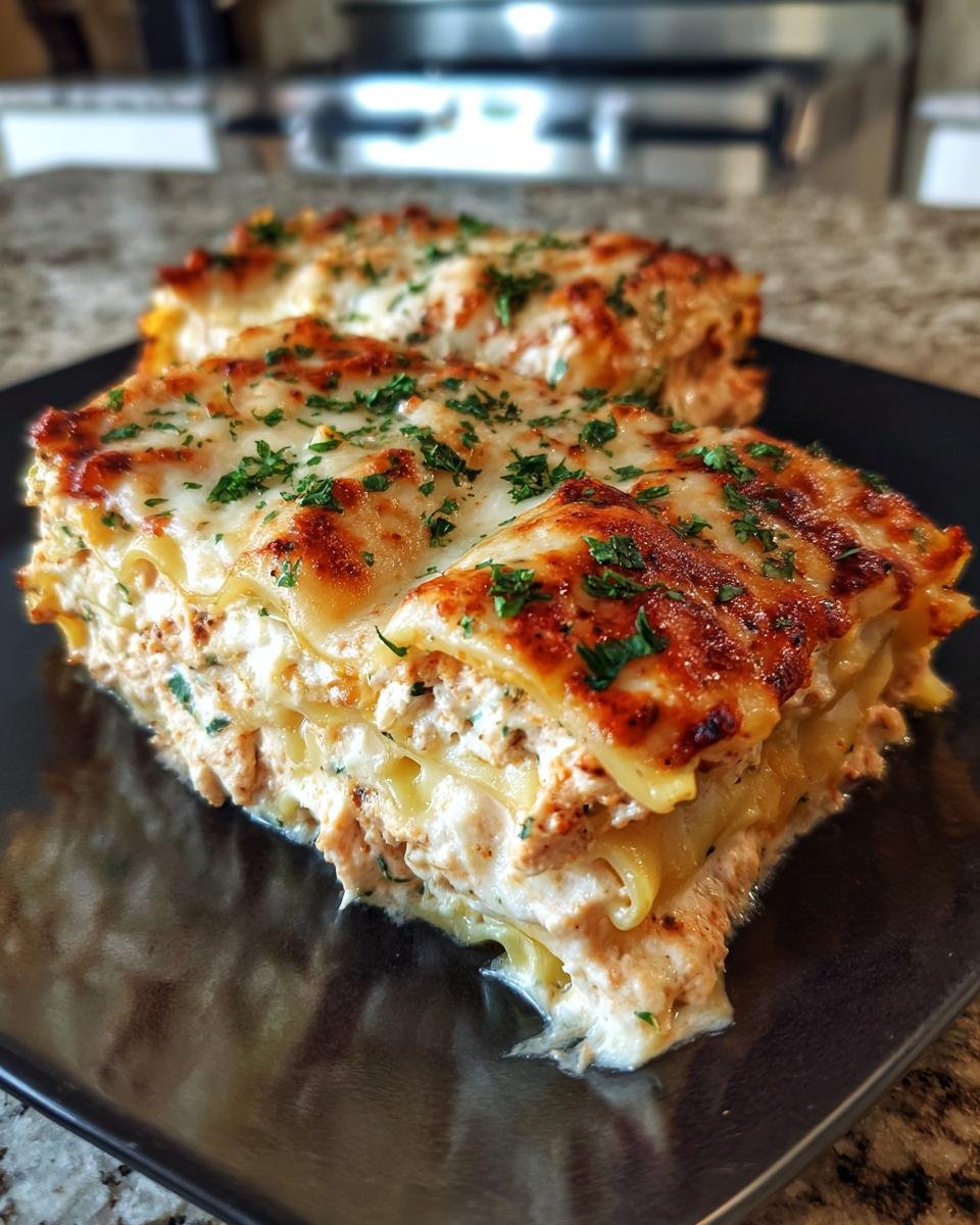 Two slices of Chicken Manicotti Alfredo on a black plate, topped with cheese and parsley.