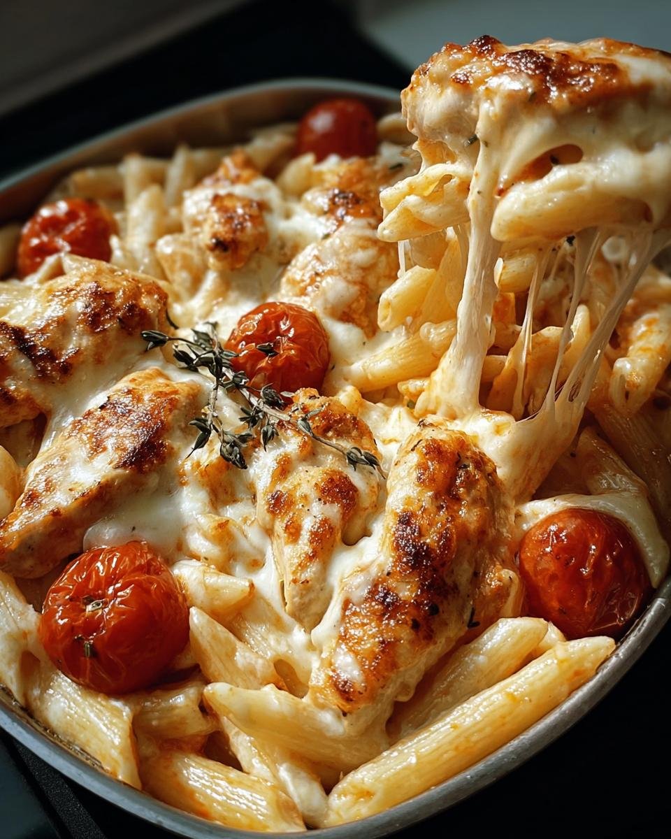 Delicious Chicken Mozzarella Pasta bake with penne, chicken, tomatoes, and melted mozzarella cheese.