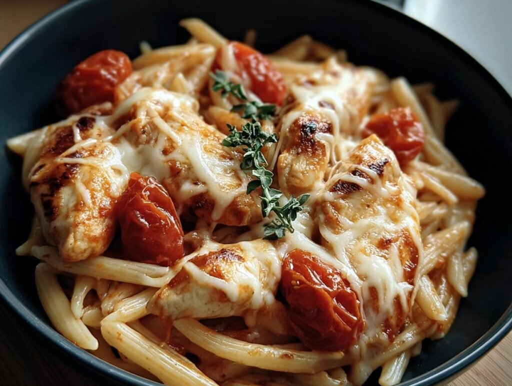 A bowl of Chicken Mozzarella Pasta with penne, roasted tomatoes, and fresh herbs.