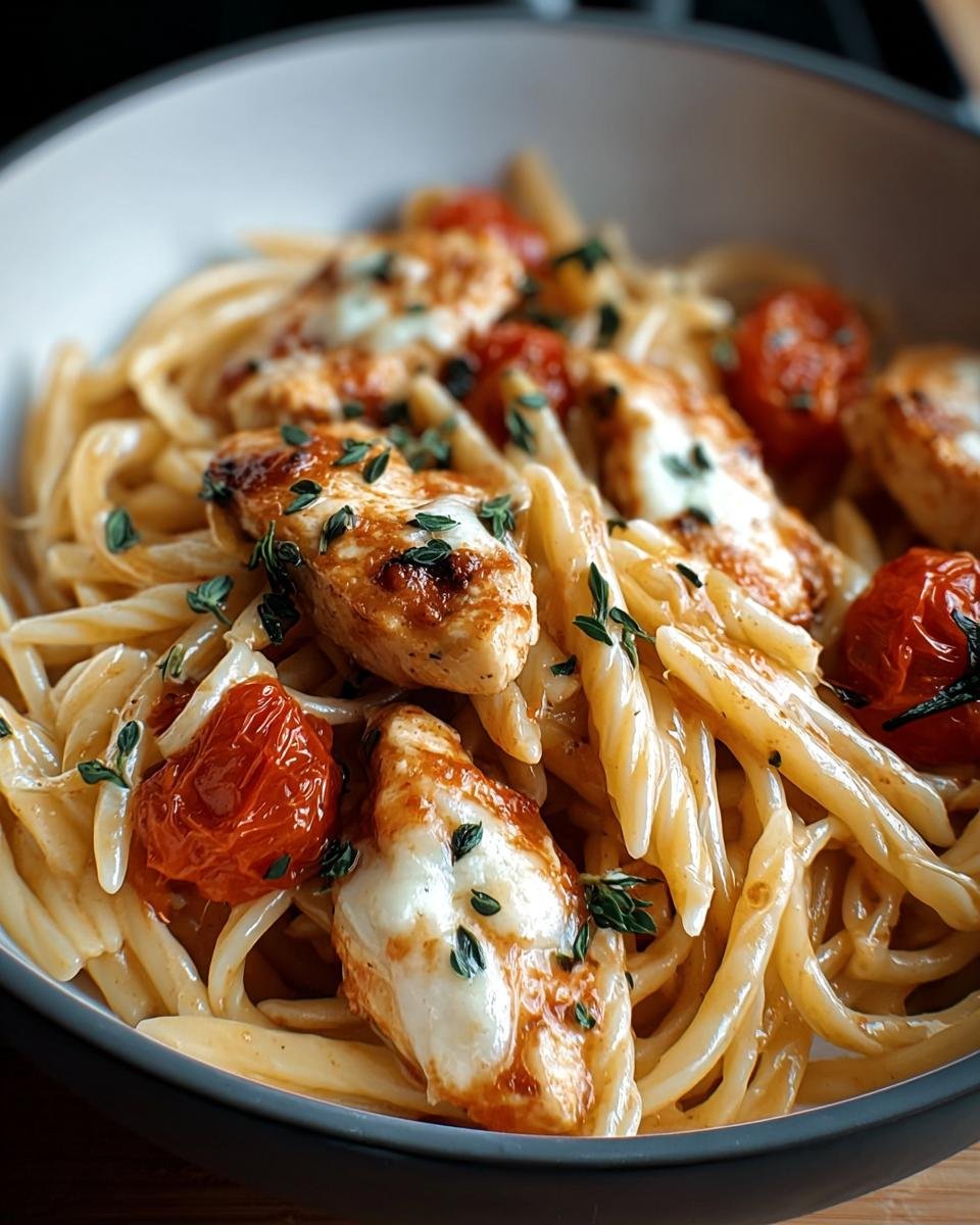 Close-up of Chicken Mozzarella Pasta with roasted tomatoes and fresh herbs in a bowl.
