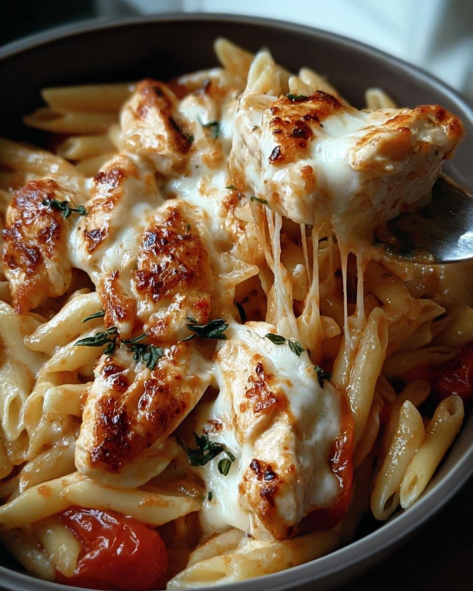 Close-up of Chicken Mozzarella Pasta with melted cheese and herbs, being lifted with a fork.
