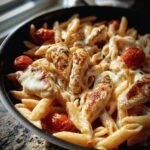 Close-up of Chicken Mozzarella Pasta with penne, grilled chicken, melted mozzarella, and cherry tomatoes.