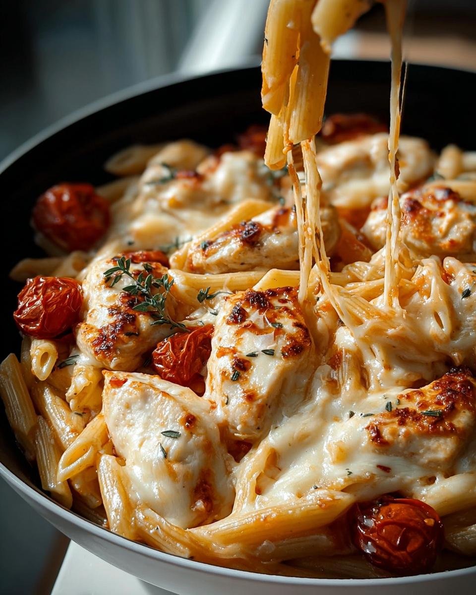 A close-up of Chicken Mozzarella Pasta with melted cheese, tomatoes, and herbs in a bowl.