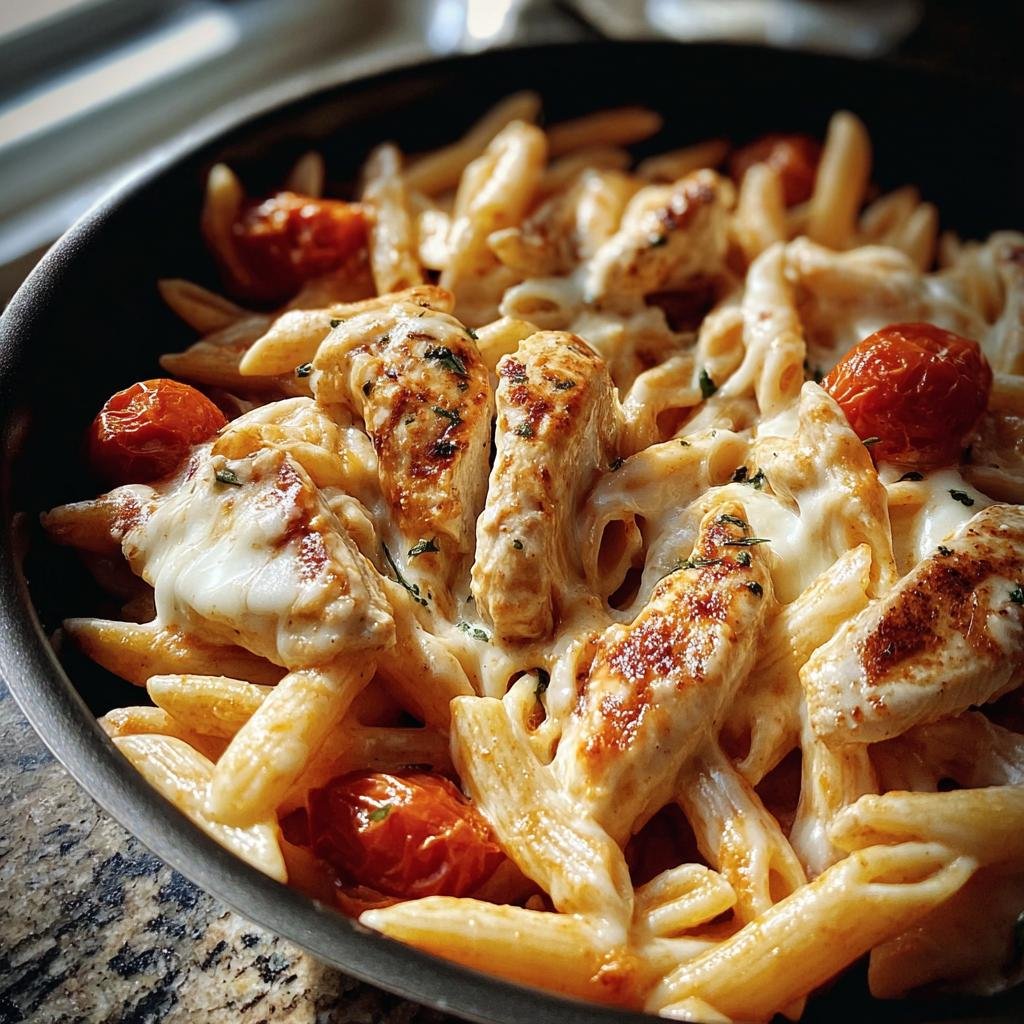 Close-up of Chicken Mozzarella Pasta with penne, grilled chicken, melted mozzarella, and cherry tomatoes.