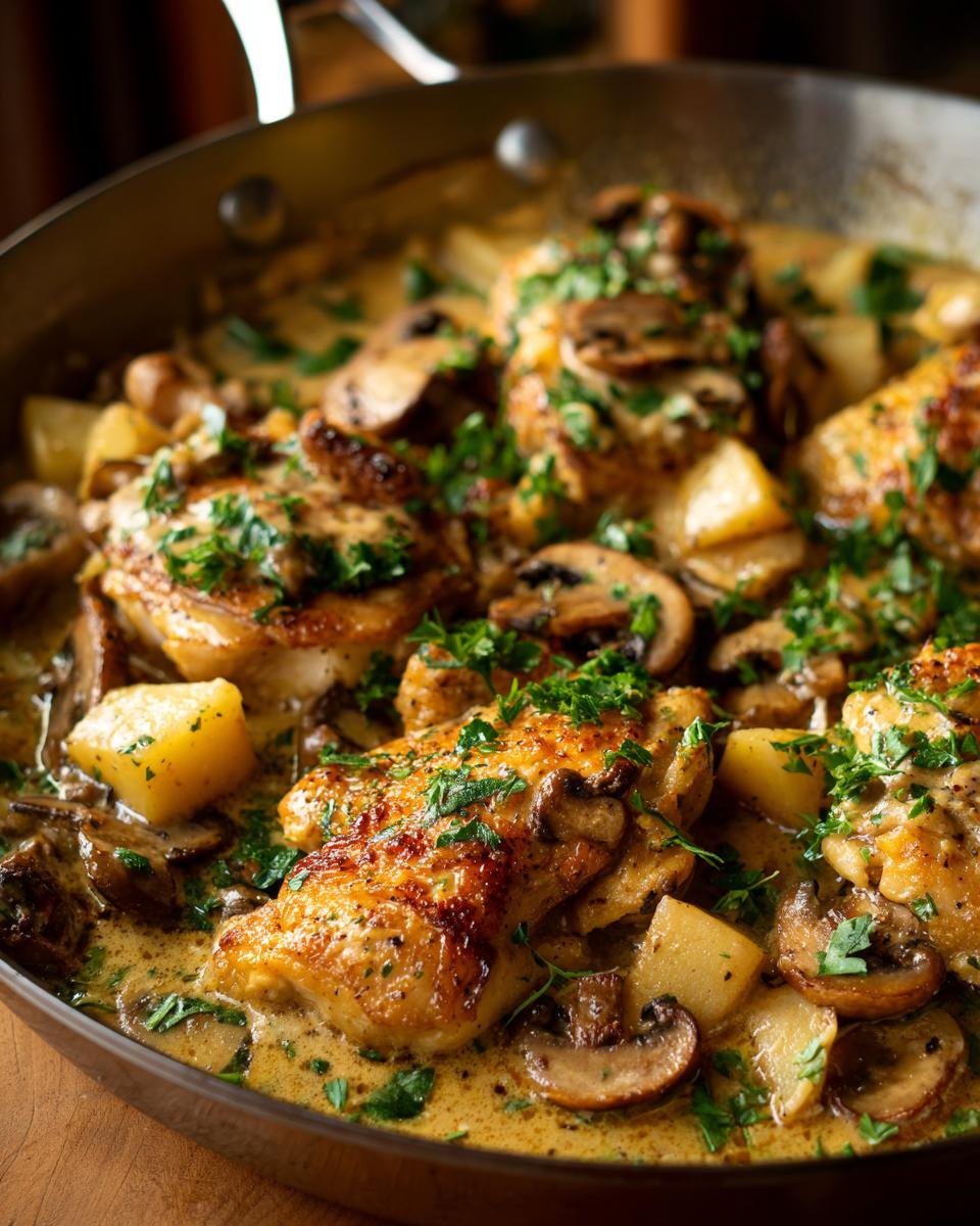 Close-up of Chicken Normandy featuring chicken, apples, mushrooms, and a creamy sauce, garnished with parsley.
