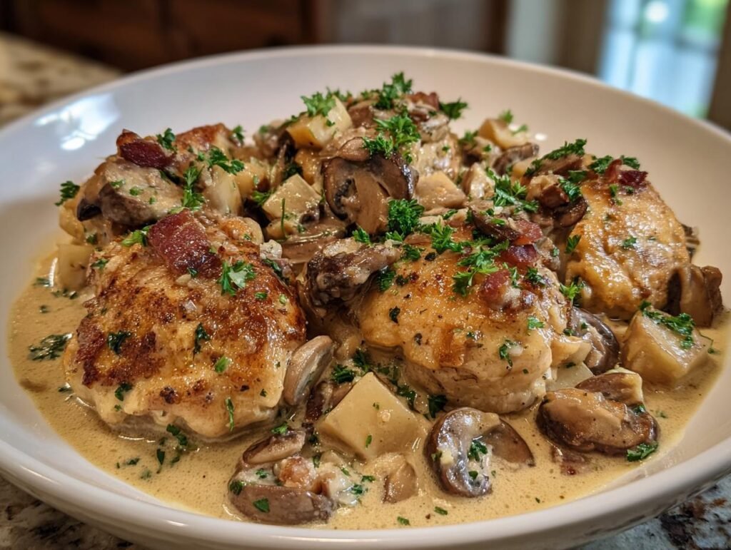 Close-up of Chicken Normandy featuring French Apple, mushrooms, bacon, and creamy sauce, garnished with parsley.