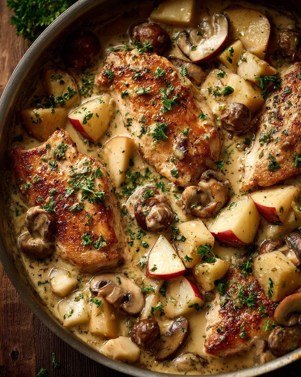 Overhead shot of Chicken Normandy with French Apple, mushrooms, and creamy sauce in a skillet, garnished with parsley.