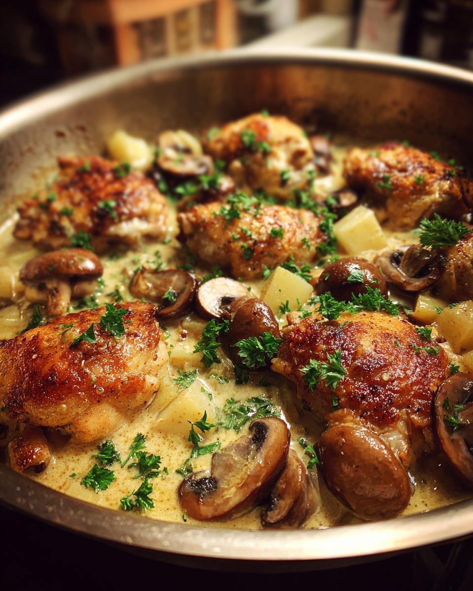 Close-up of Chicken Normandy featuring chicken, French apple chunks, and mushrooms in a creamy sauce, garnished with parsley.