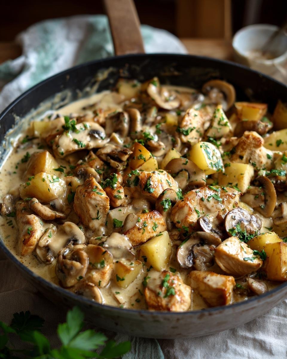 Chicken Normandy in a creamy sauce with mushrooms and potatoes, garnished with parsley.